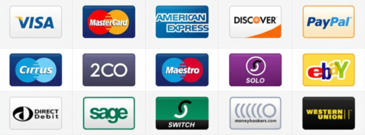 Payment method logos including Visa, Mastercard, AMEX, and PayPal